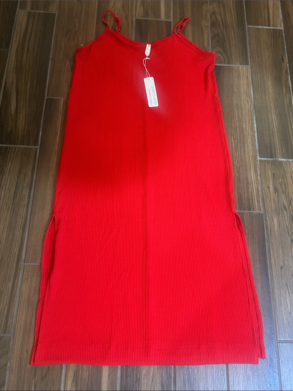 Red Ribbed Maxi Slip Dress with Side Slits